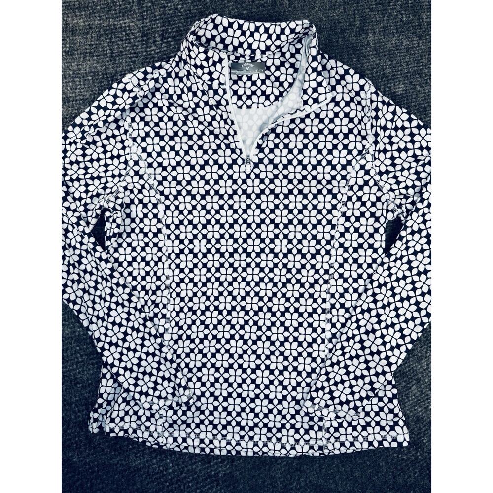 Womens Callaway Navy Blue & White Floral Print Weather Series 1/4 Zip Pullover L